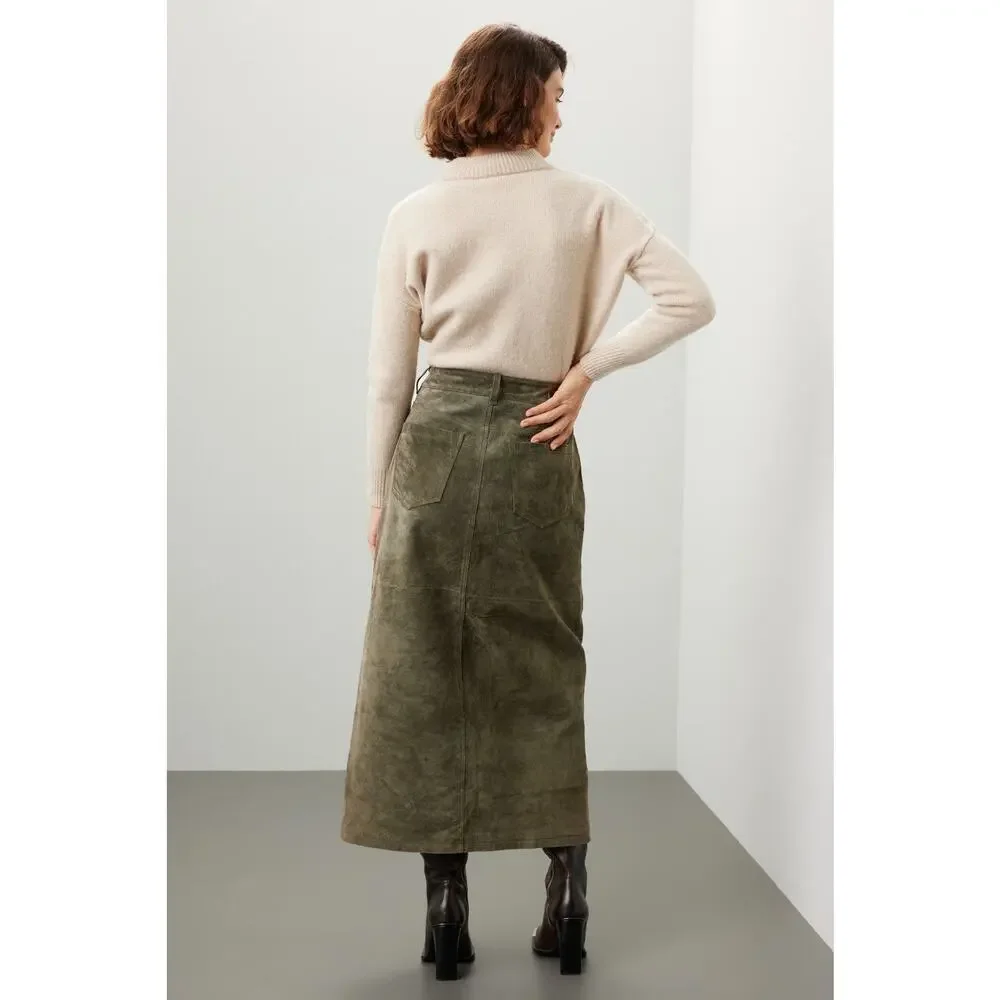 BlankNYC Hunter Green Retro Suede Leather Front Slit Pencil Midi Skirt Size 27 - Picture 3 of 16